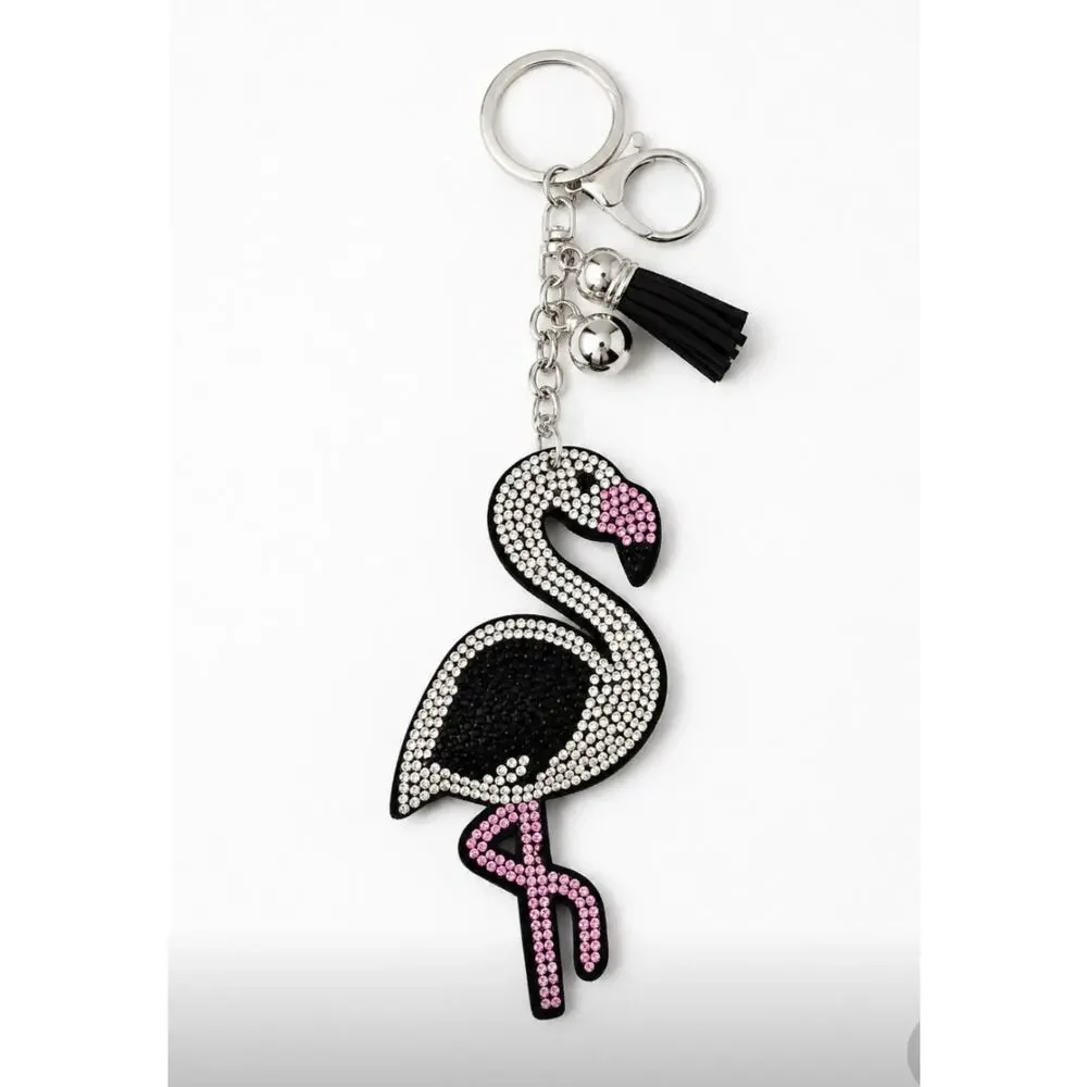 Rhinestone Blaxk Flamingo Bag charm Key Chain New
